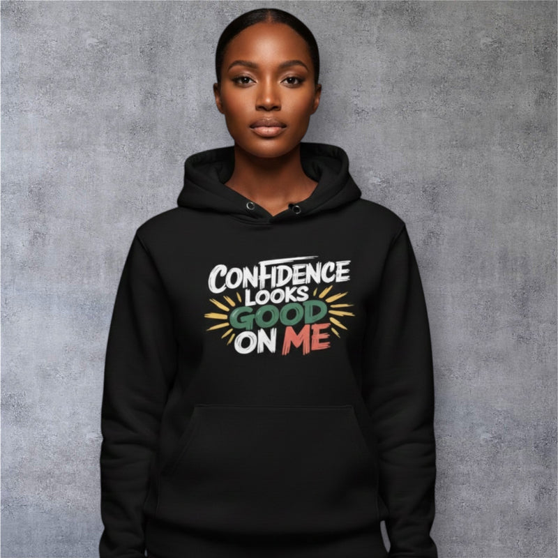 Stylish woman in confidence apparel and a minimalist hoodie walking boldly on an urban street.